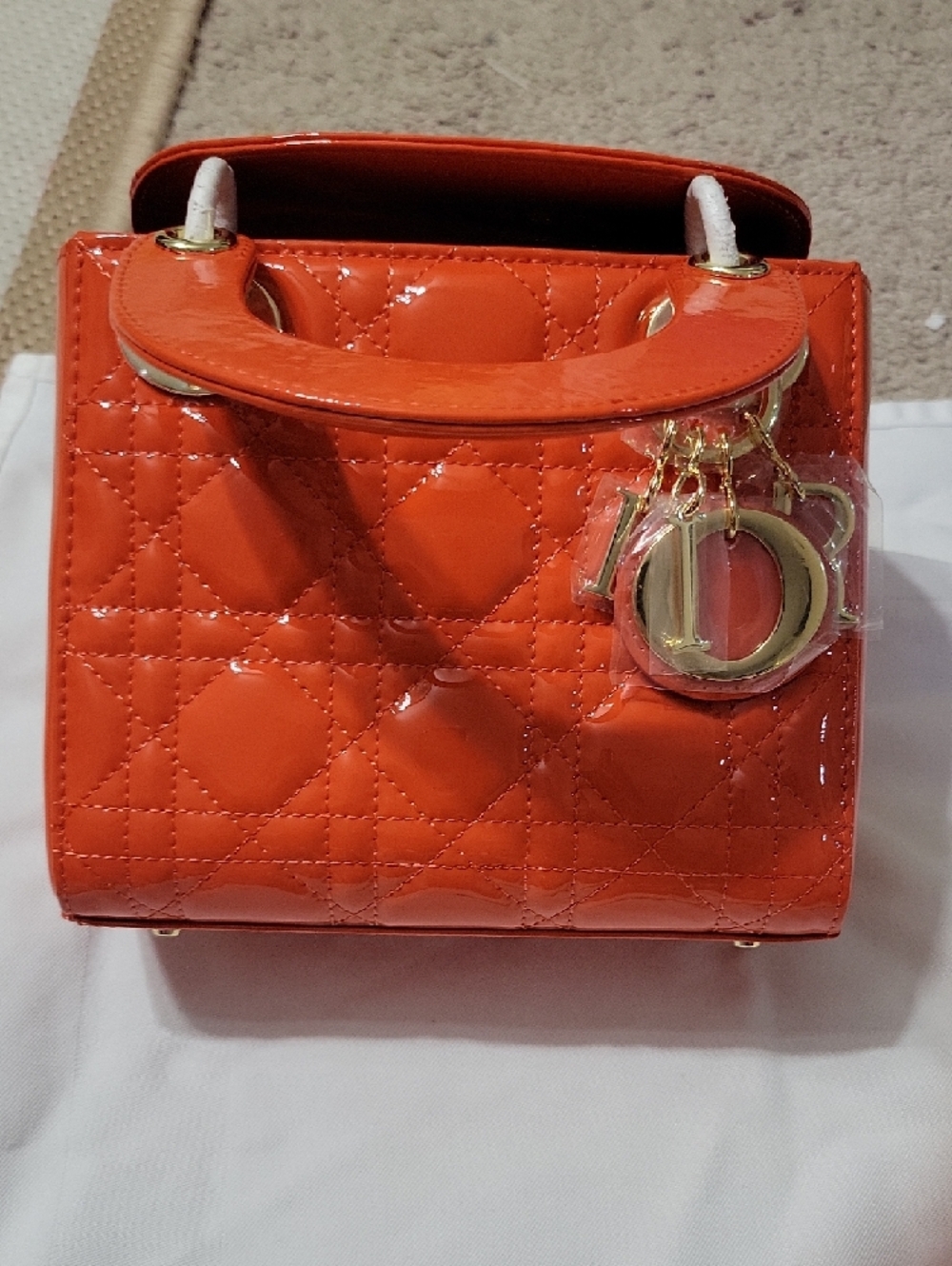 CHRISTAIN DOIR Orange Patent Lady Dior Mini Bag with Gold Hardware - Picture 11 of 16